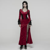 WQ-894LQF Elegant Gothic Dress Red Velvet Lace Detail Maxi Gown